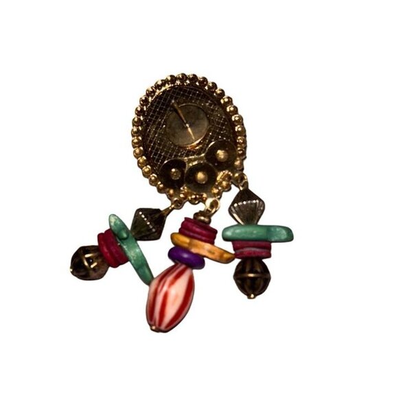 Vtg Dangle Chunky Purple & Gold Earrings w Multicolor Beads, Retro Statement - Picture 3 of 3